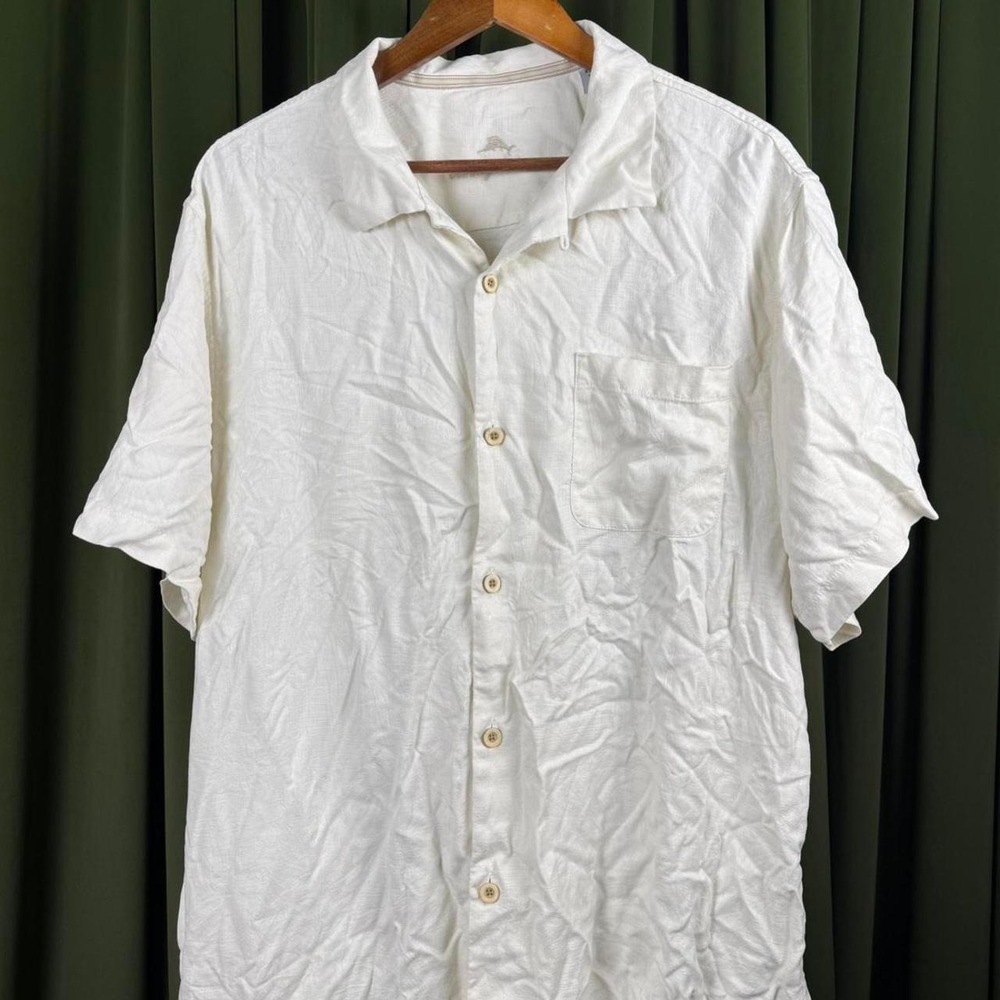 Tommy Bahama White Linen Blend Short Sleeve Button Up Shirt Relaxed Fit XL